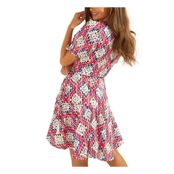 NWT GUESS Womens Red Ruffled Tie Pouf Surplice Neckline Short Faux Wrap Dress M - Picture 2 of 5